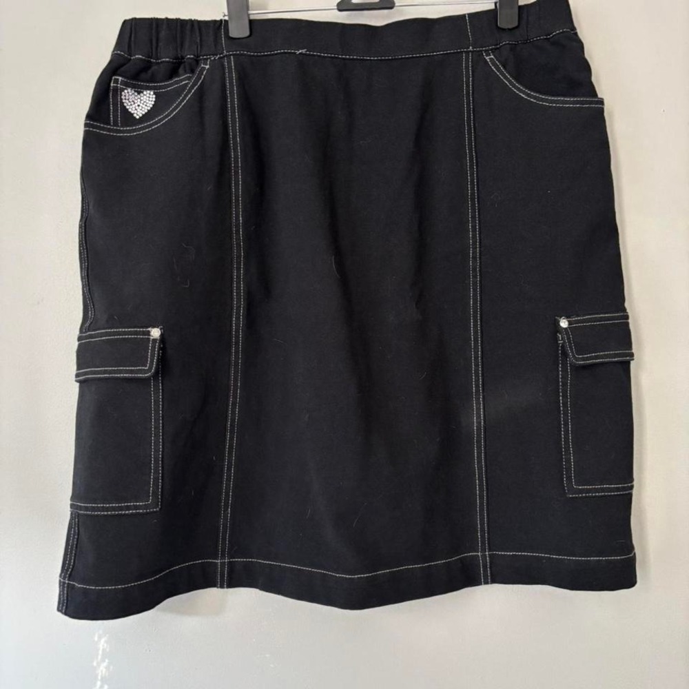 Y2K Black Grunge Beaded Heart Denim Goth Midi Glam Skort - Size Large
